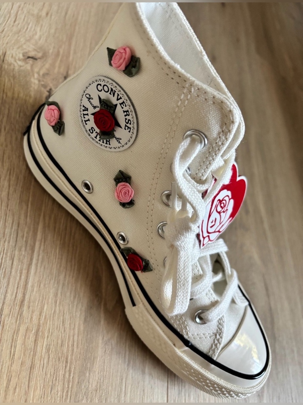 Converse White High-Top Sneakers with Red and Pink Rose Embellishments